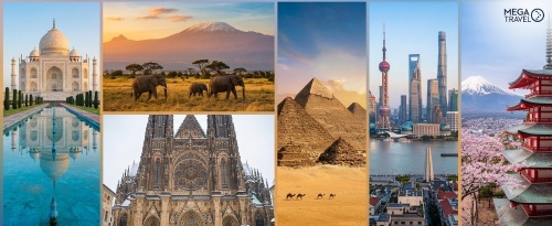 Collage de destinos turísticos internacionales de Mega Travel: India, Egipto, África y Japón